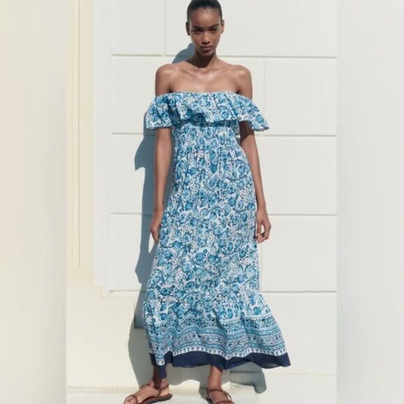 Zara Floral Print Off The Shoulder Dress XS - Picture 2 of 7